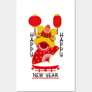 Happy Chinese New Year Dragon Head and Lanterns Posters and Art